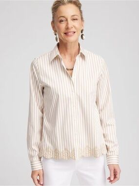 Chico's Beige and White Striped Button-Down Blouse